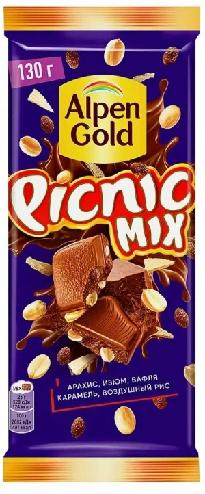 Шоколад ALPEN GOLD "Picnic MIX" молочный c арахисом и изюмом 130 г