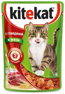 Корм для кошек KITEKAT с говядиной в желе 85 г