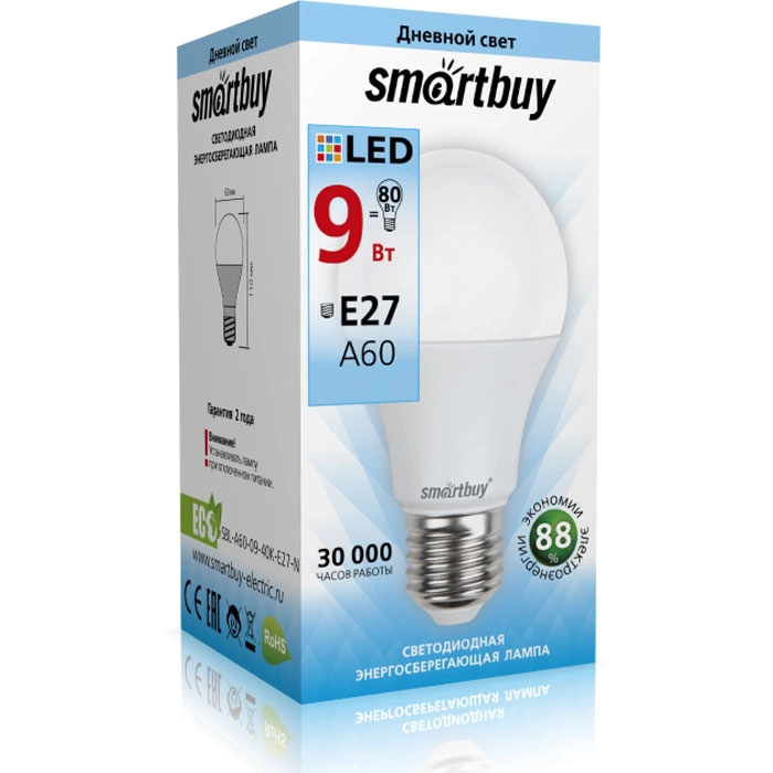 Лампа светодиодная Smartbuy А60 грушевидная 9Вт Е27 4000K 220В
