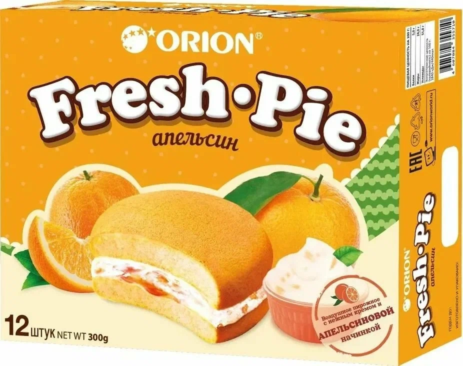 Пирожное ORION "Fresh Pie" бисквитное с апельсиновой начинкой 300 г
