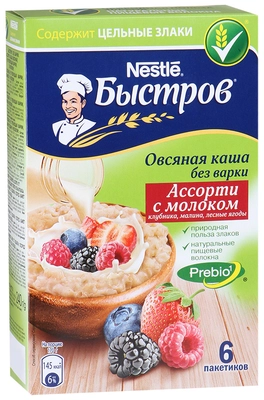 Каша моментальная БЫСТРОВ "Ассорти" овсяная с молоком 6х40г