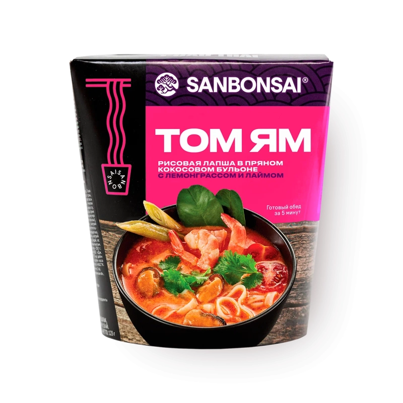 Лапша SANBONSAI Лапша SANBONSAI "Том ям" рисовая в кокосовом бульоне с лемонграссом и лаймом 113 г