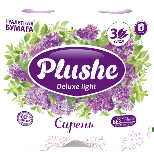 Бумага туалетная PLUSHE "Deluxe Light" сирень трехслойная 4 шт.