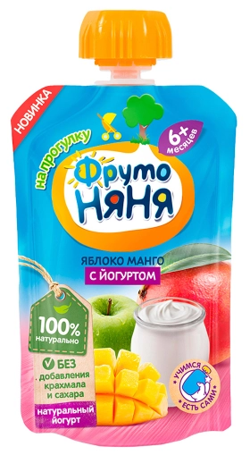 ФрутоНяня Пюре яблоко, манго с йогуртом с 6 месяцев дой-пак с дозатором 90 г