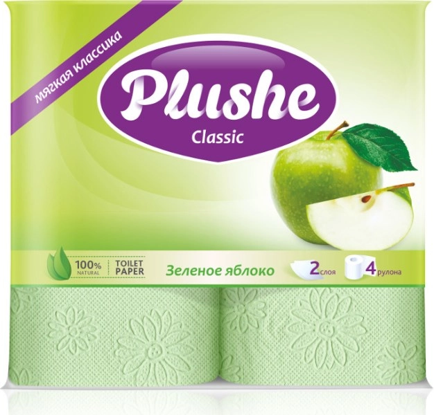 Бумага туалетная PLUSHE "Classic" зеленое яблоко двухслойная 4 шт