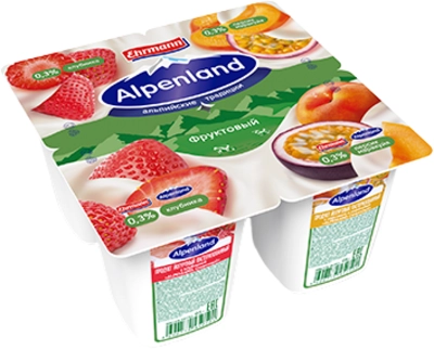 Йогуртный продукт ALPENLAND &laquo;Легкий&raquo; клубника и персик-маракуйя 95 г, 0,3%