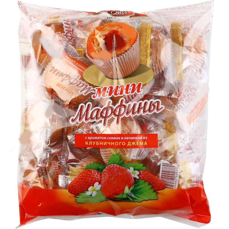 Мини-маффины РУССКИЙ БИСКВИТ с ароматом сливок и начинкой из клубничного джема 465 г