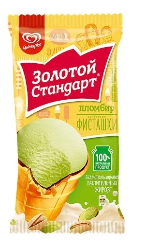 Мороженое ЗОЛОТОЙ СТАНДАРТ "Пломбир" со вкусом фисташки с глазурью 90 г 12%