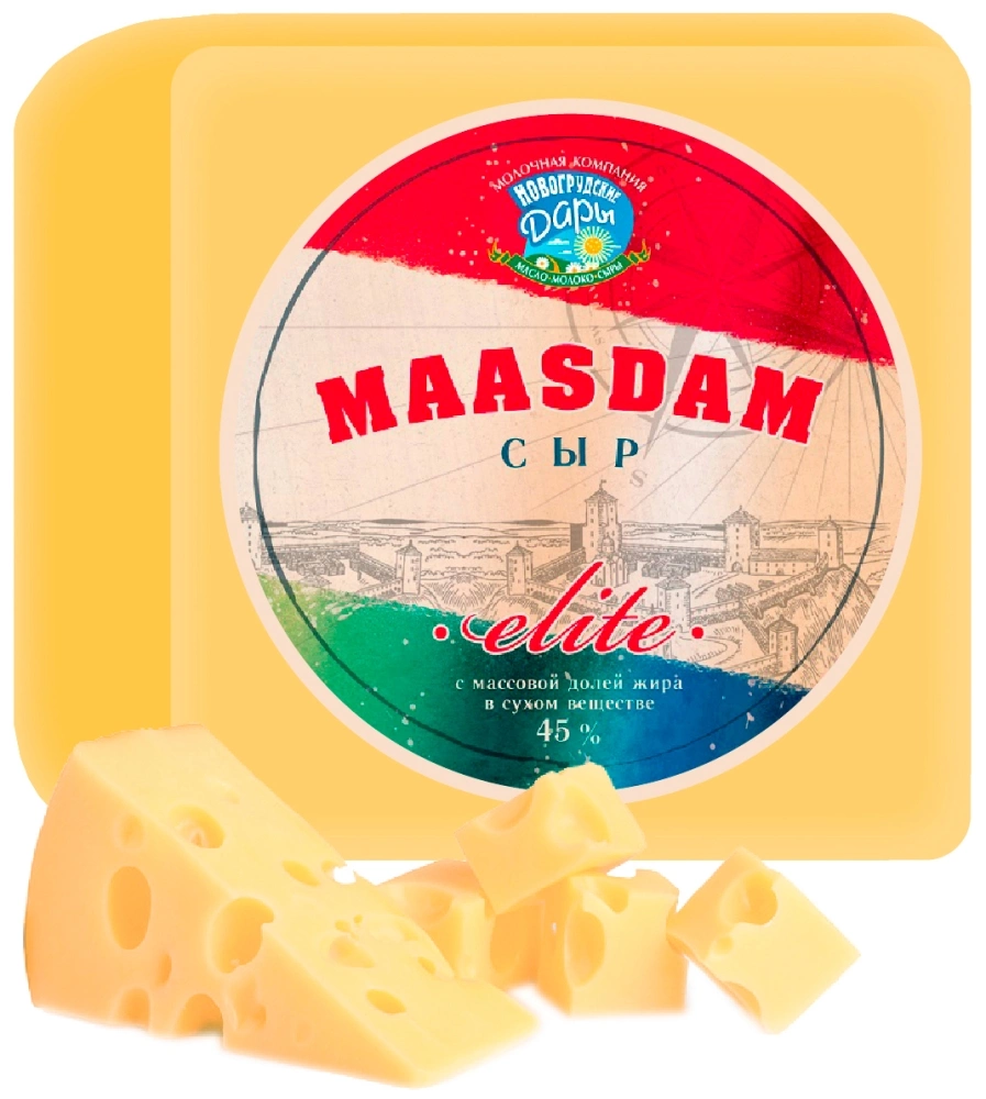 Сыр НОВОГРУДСКИЕ ДАРЫ "Maasdam Elite" полутвердый 1 кг 45%